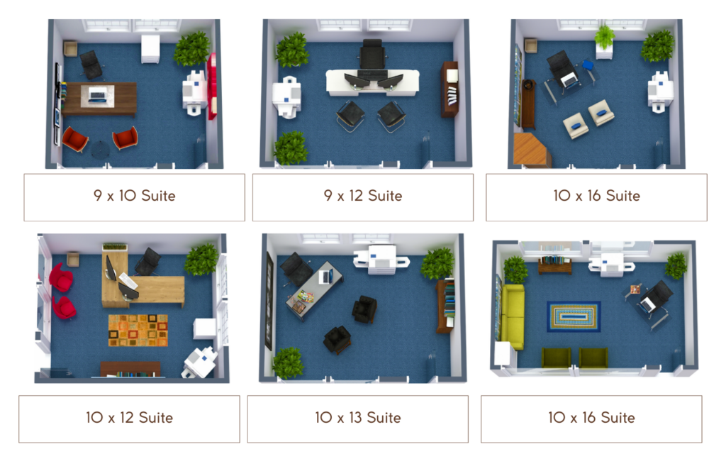 Office suite size options at Courthouse Suites Crestview showing multiple private office layouts including 9x10, 9x12, 10x12, 10x13, and 10x16 suites